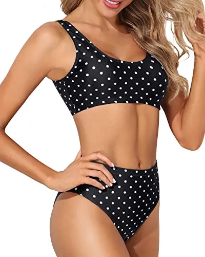 High Waisted Bikini Sporty High Cut Bathing Suit Sports Two Piece Bikini For Women-Black Dot