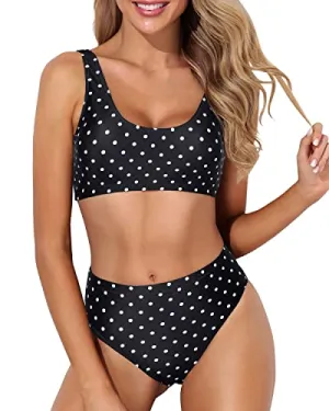 High Waisted Bikini Sporty High Cut Bathing Suit Sports Two Piece Bikini For Women-Black Dot