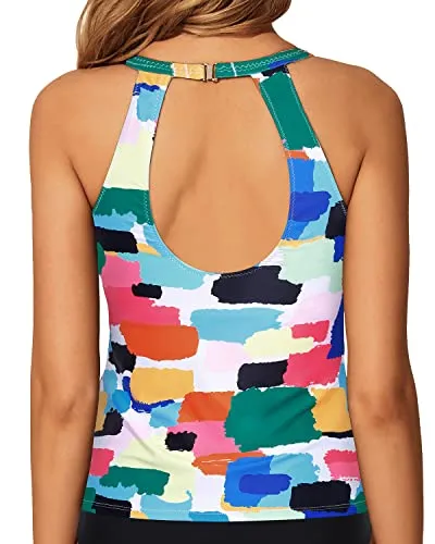 Key Hole Swim Top Only Backless Swim Tank Top-Aqua