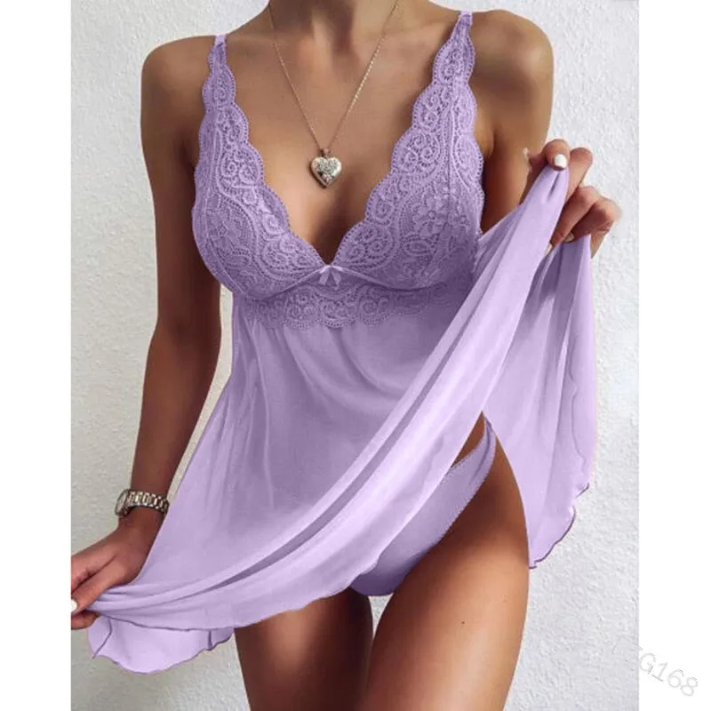 Ladies Luxurious Transparent Lace Nightdress Lingerie