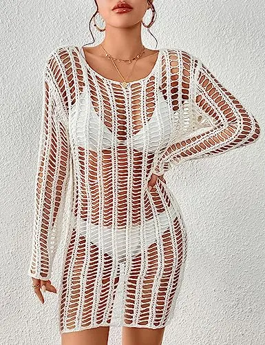 Long Sleeve Crochet Swimwear Cover Up - Sexy Beach Dress
