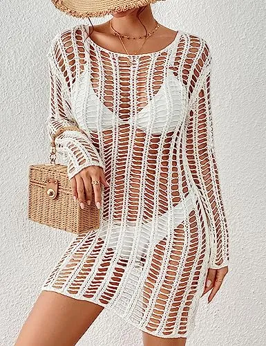 Long Sleeve Crochet Swimwear Cover Up - Sexy Beach Dress