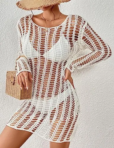 Long Sleeve Crochet Swimwear Cover Up - Sexy Beach Dress