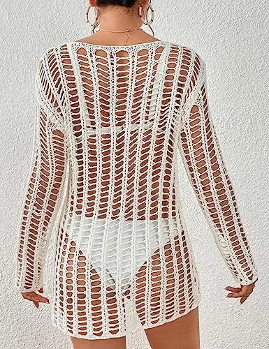 Long Sleeve Crochet Swimwear Cover Up - Sexy Beach Dress