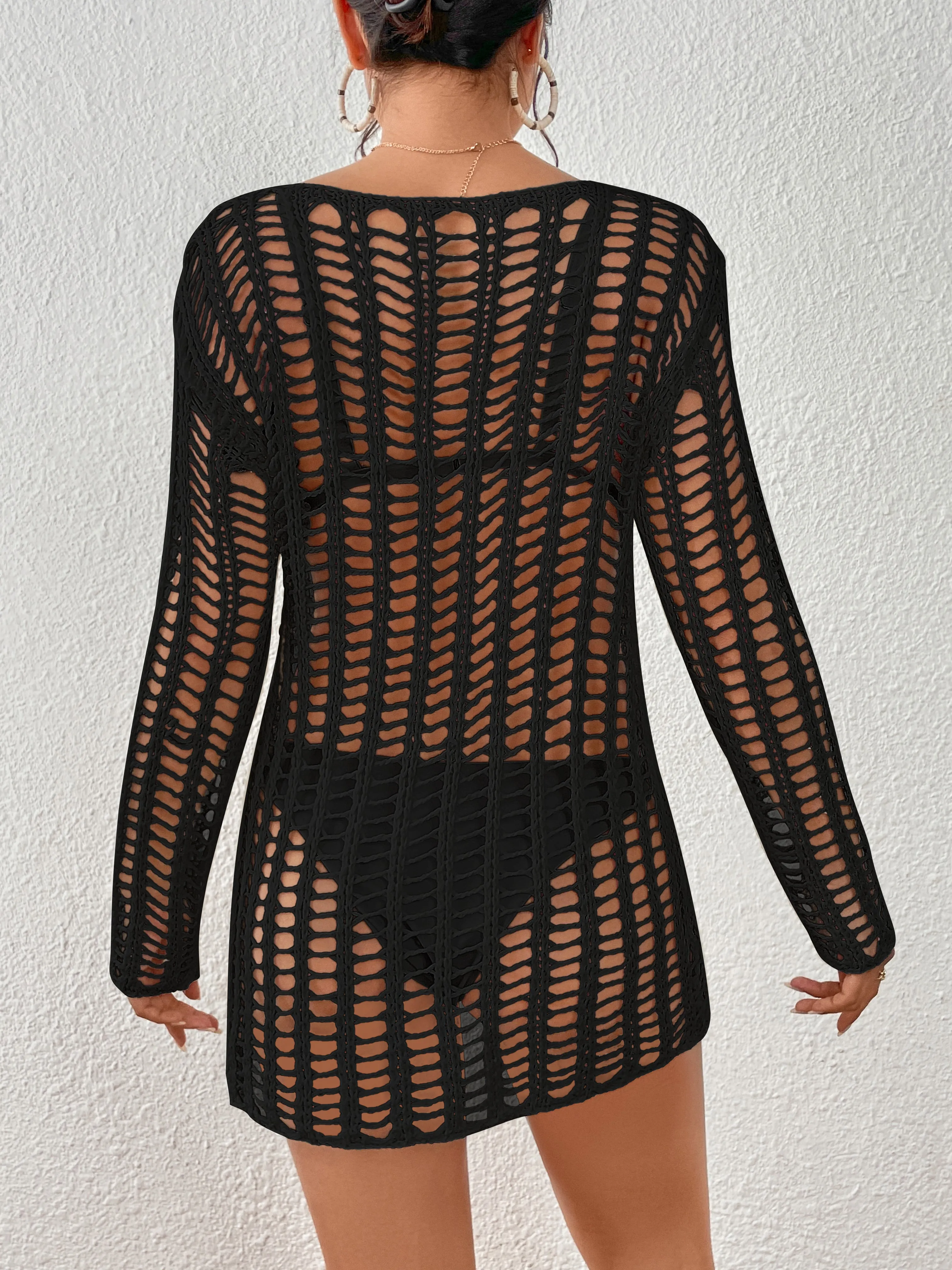 Long Sleeve Crochet Swimwear Cover Up - Sexy Beach Dress