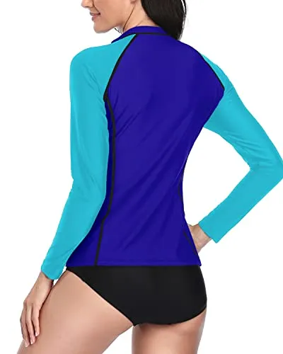 Long Sleeve Rash Guard Women's 2 Piece Bathing Suit Zipper-Black Blue Splicing