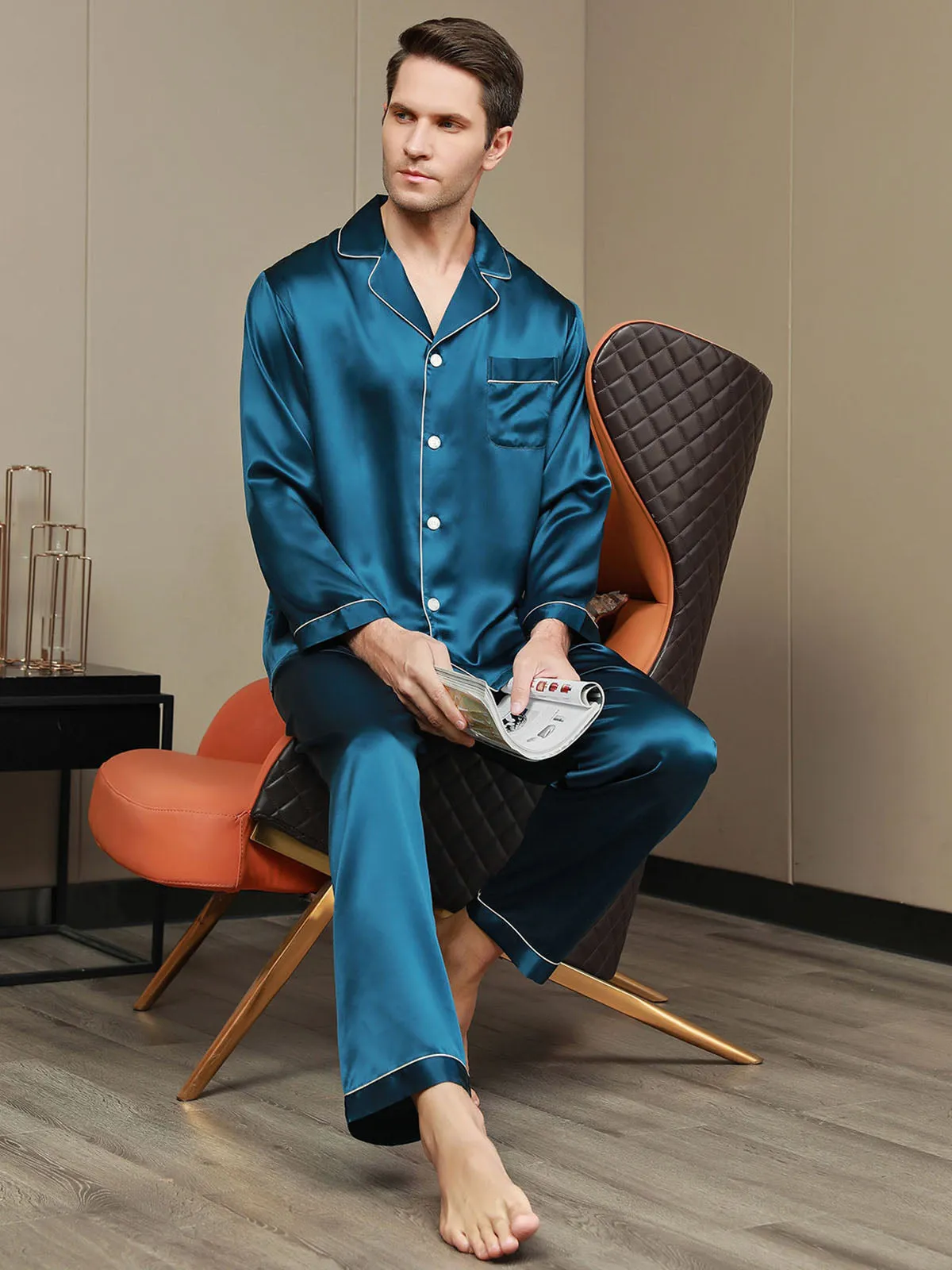 Luxurious Silk Men's Lapel Pyjamas 2Pcs