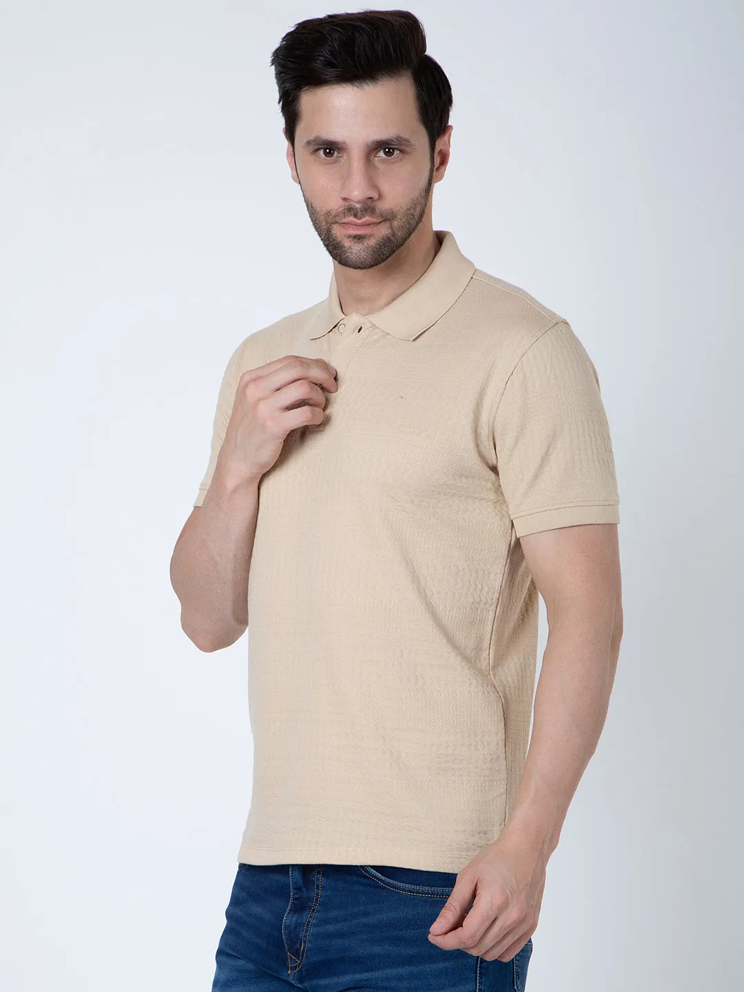 Men Polo Jacquard Beige T-Shirt