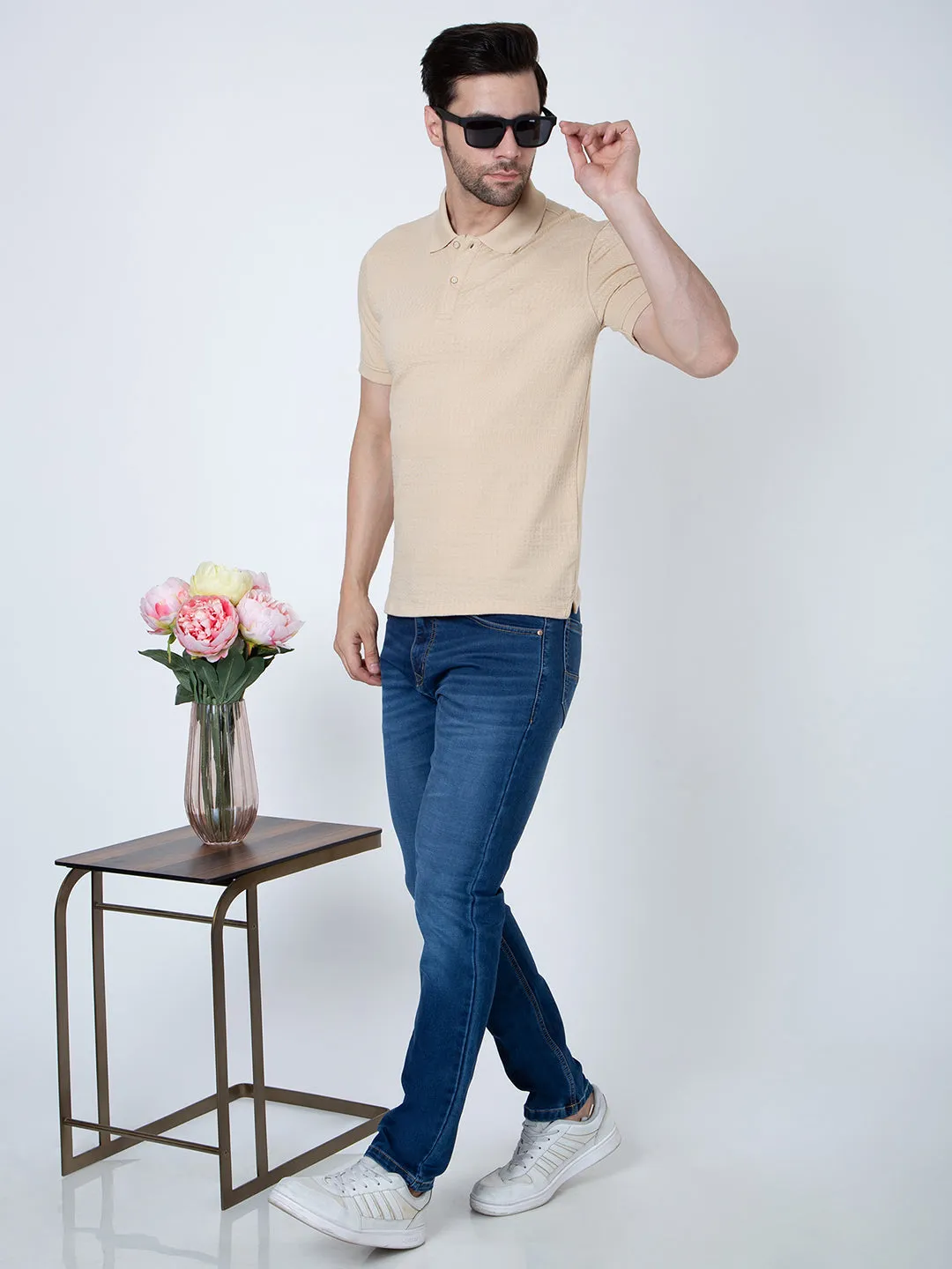Men Polo Jacquard Beige T-Shirt