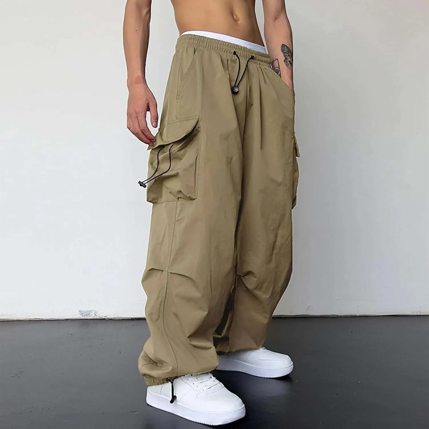 Men's Baggy Cargo Pants Drawstring Casual Y2K Parachute Pants Loose Fit Harem Joggers with Pockets