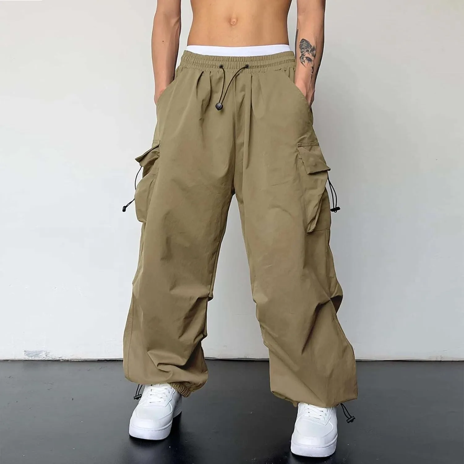Men's Baggy Cargo Pants Drawstring Casual Y2K Parachute Pants Loose Fit Harem Joggers with Pockets