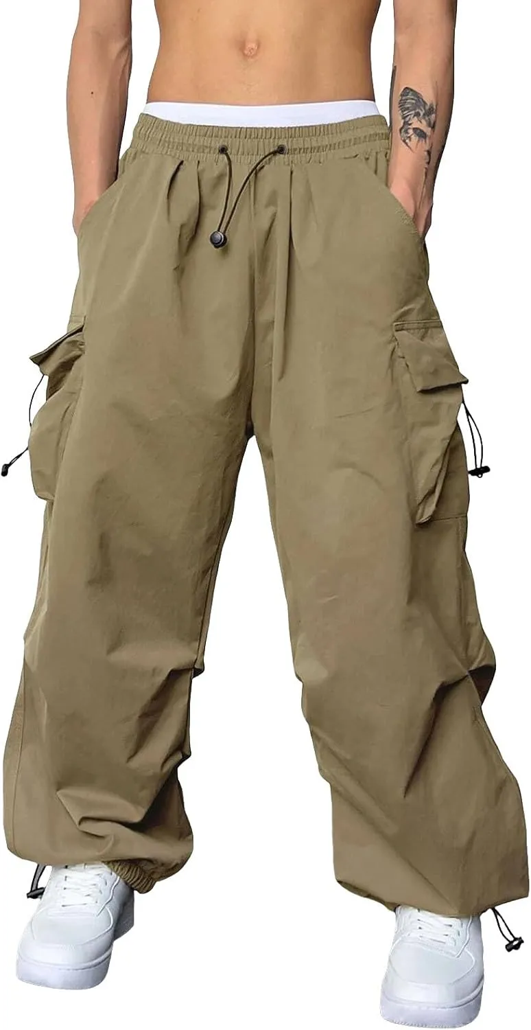 Men's Baggy Cargo Pants Drawstring Casual Y2K Parachute Pants Loose Fit Harem Joggers with Pockets