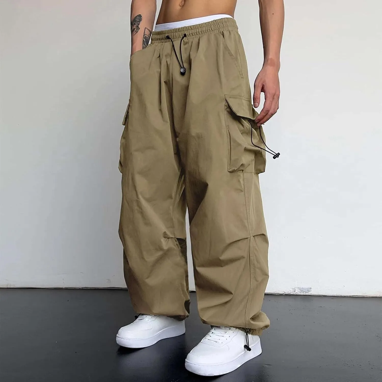 Men's Baggy Cargo Pants Drawstring Casual Y2K Parachute Pants Loose Fit Harem Joggers with Pockets