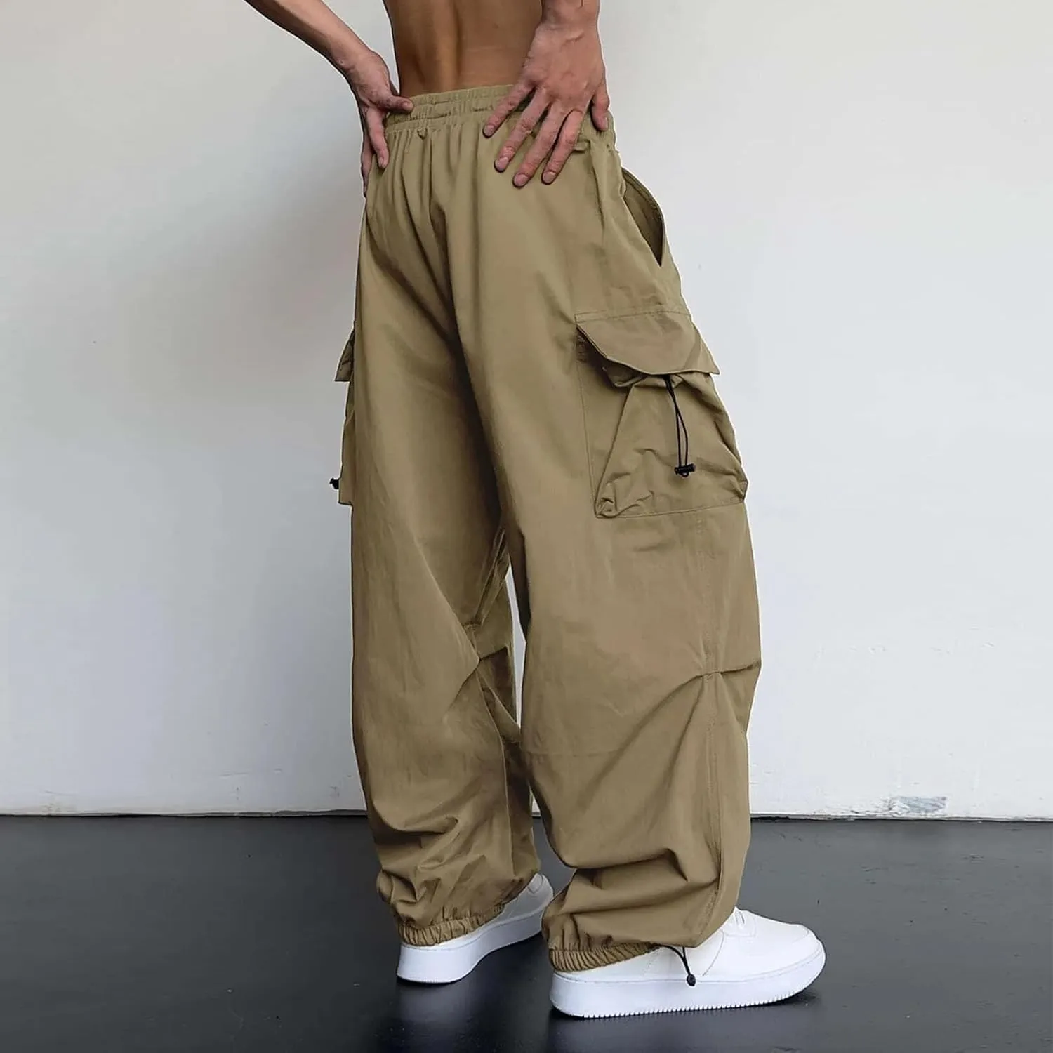 Men's Baggy Cargo Pants Drawstring Casual Y2K Parachute Pants Loose Fit Harem Joggers with Pockets