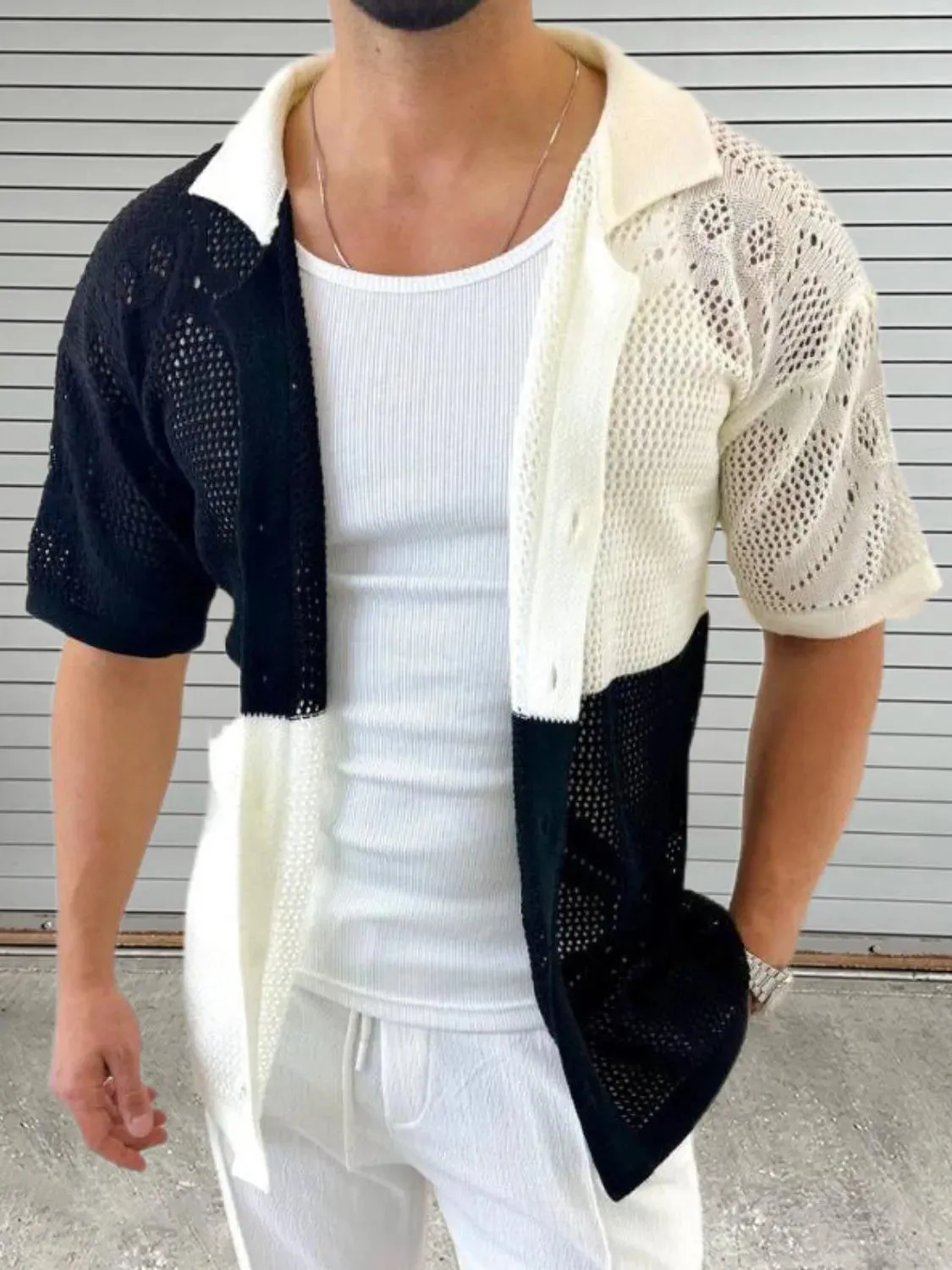 Men's Contrast Button Down Hollow Out Shirt