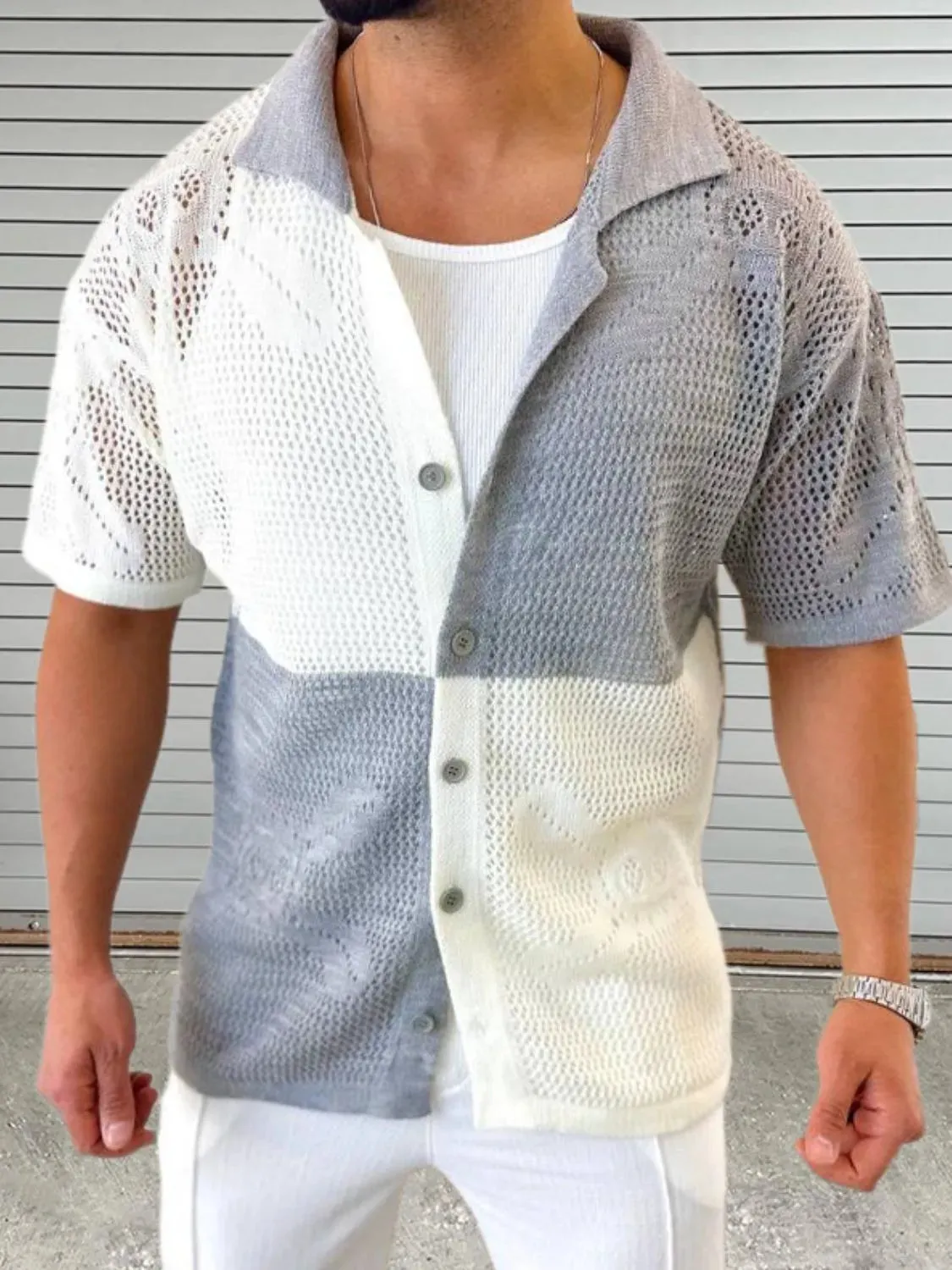 Men's Contrast Button Down Hollow Out Shirt
