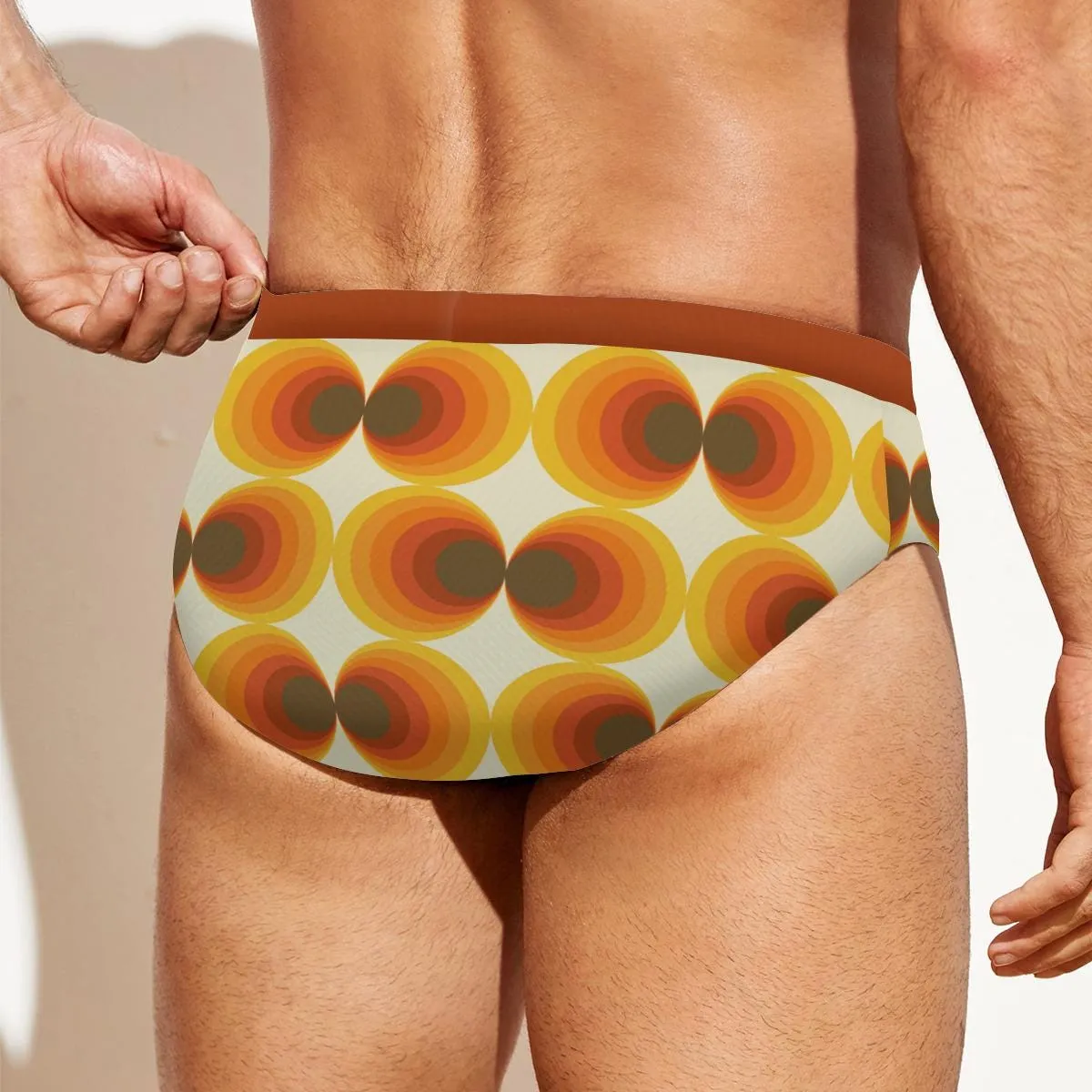 Men's Swim Briefs, Groovy 70s Men's Swimwear, Geometric Brown Orange Speedo, 70s Print Swim Brief