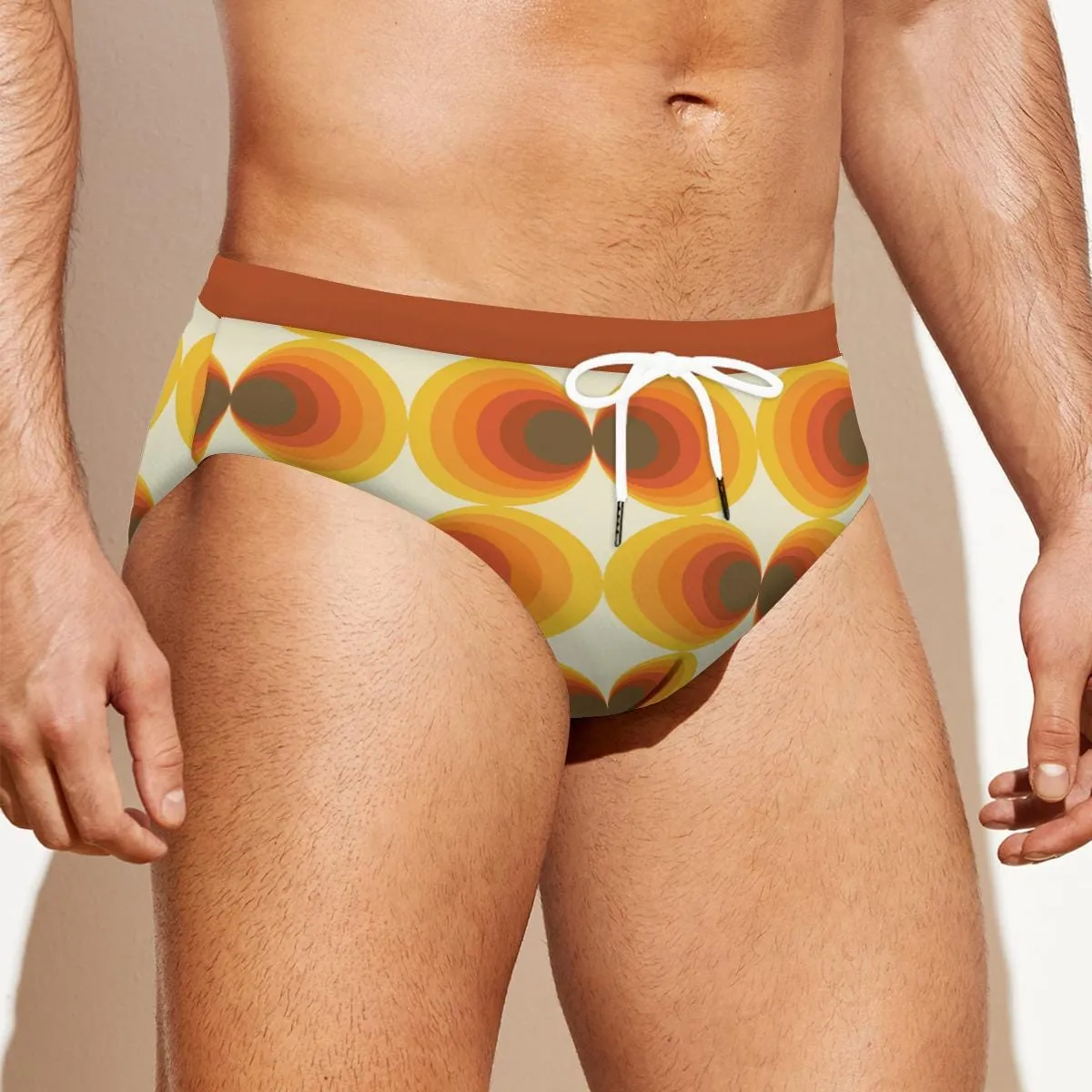 Men's Swim Briefs, Groovy 70s Men's Swimwear, Geometric Brown Orange Speedo, 70s Print Swim Brief