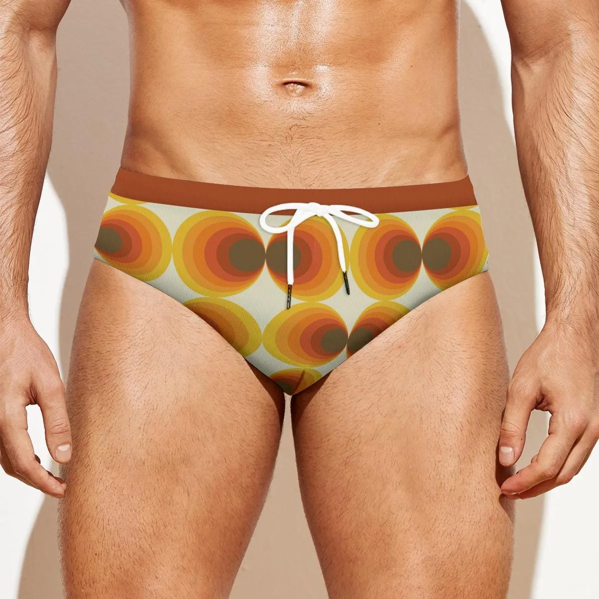 Men's Swim Briefs, Groovy 70s Men's Swimwear, Geometric Brown Orange Speedo, 70s Print Swim Brief