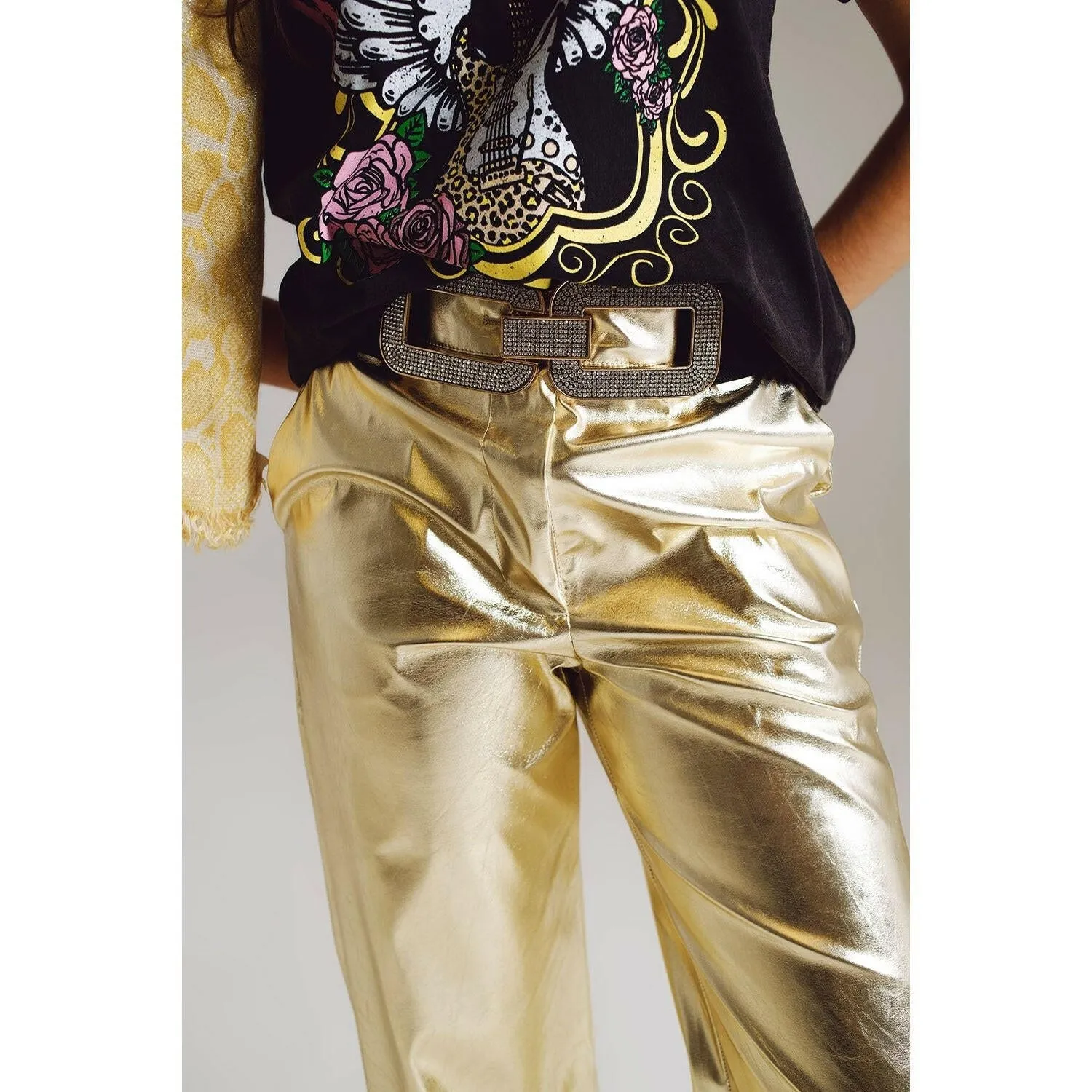 Metallic Straight Leg Pants in Gold