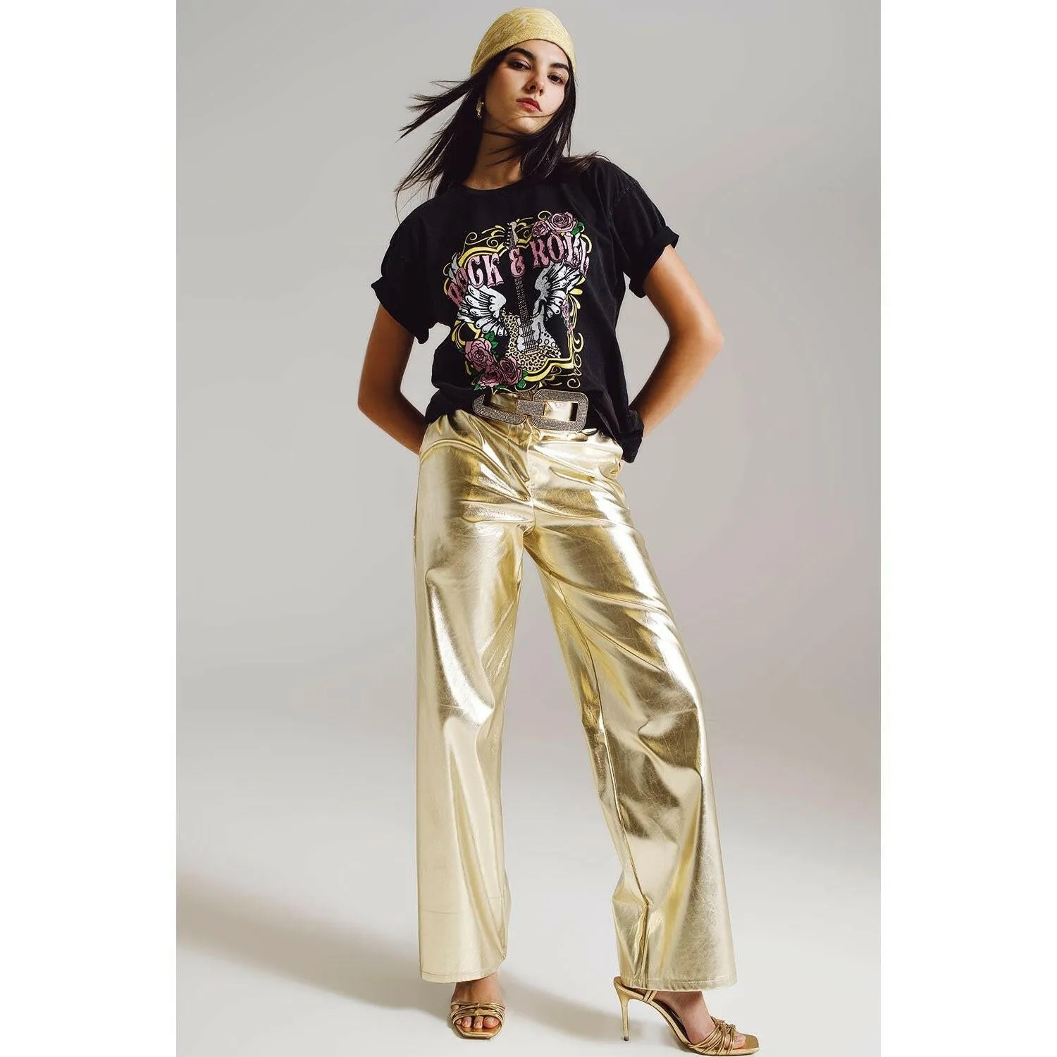 Metallic Straight Leg Pants in Gold