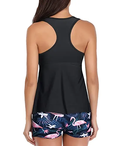 Padded Push Up Two Piece Boyshort And Shorts For V Neck Swimsuit-Black Flamingo