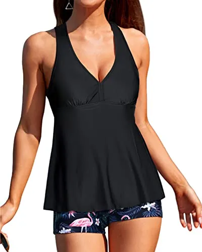 Padded Push Up Two Piece Boyshort And Shorts For V Neck Swimsuit-Black Flamingo