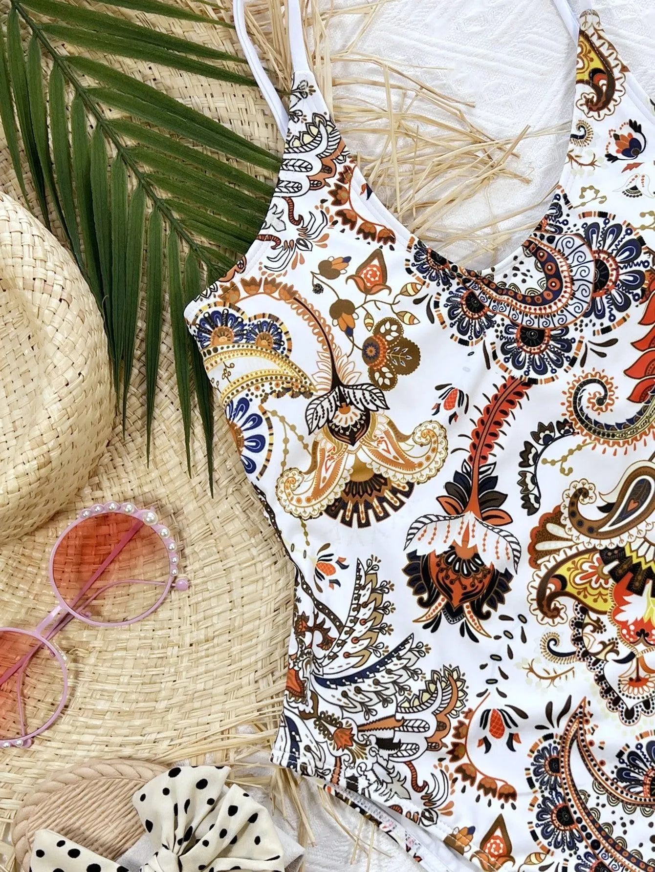 Paisley Print Tie Back Scoop Neck One Piece Swimsuit