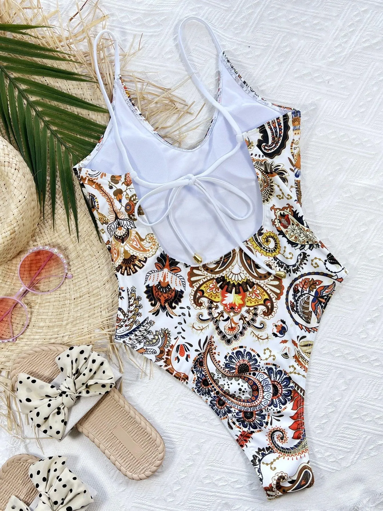 Paisley Print Tie Back Scoop Neck One Piece Swimsuit