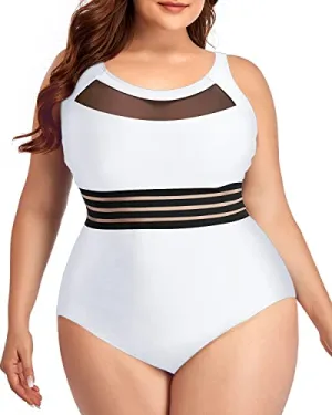 Plus Size High Neck Mesh One Piece Swimwear For Women-White