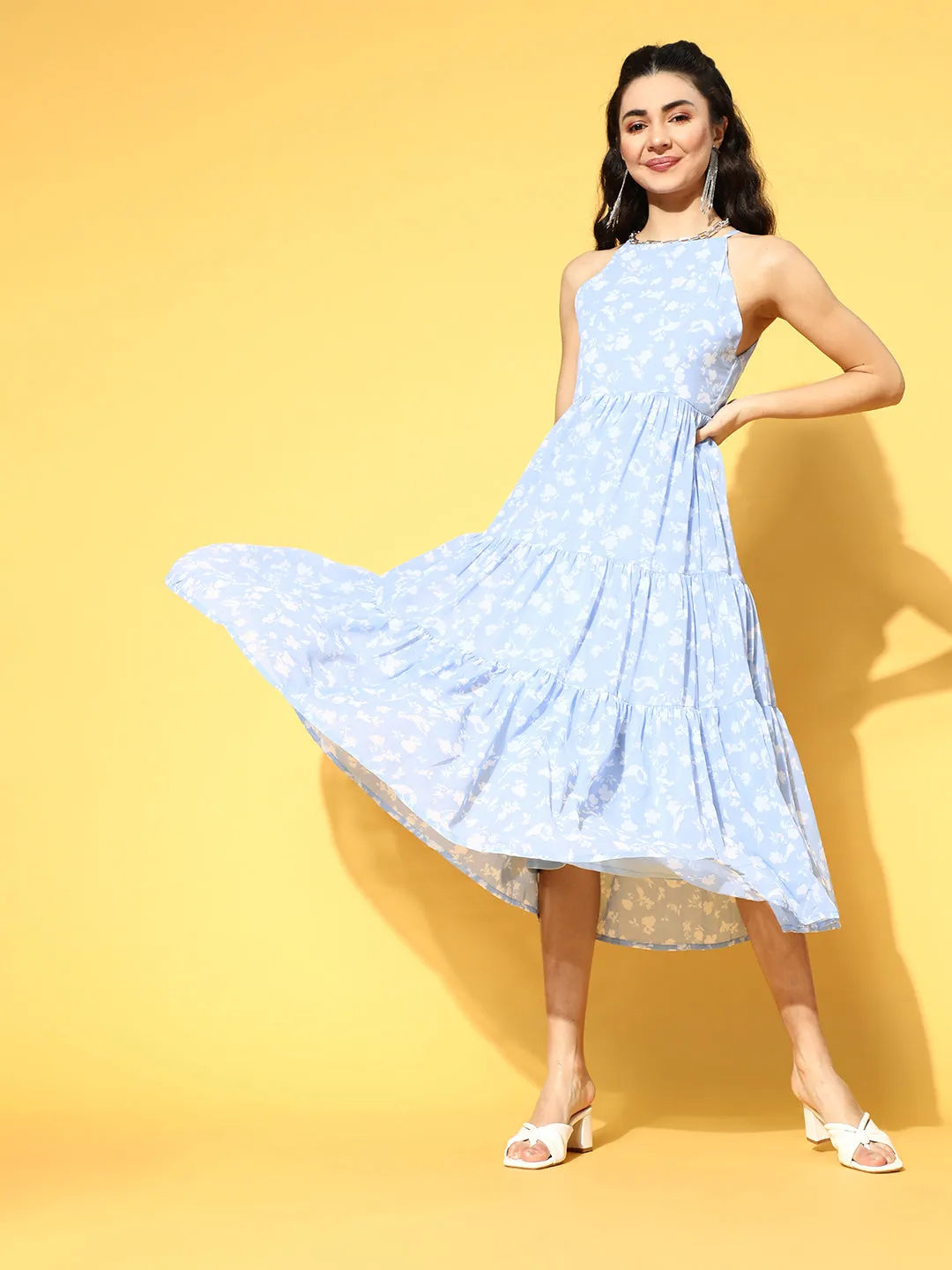 plusS Women Stunning Blue Romantic Florals Dress