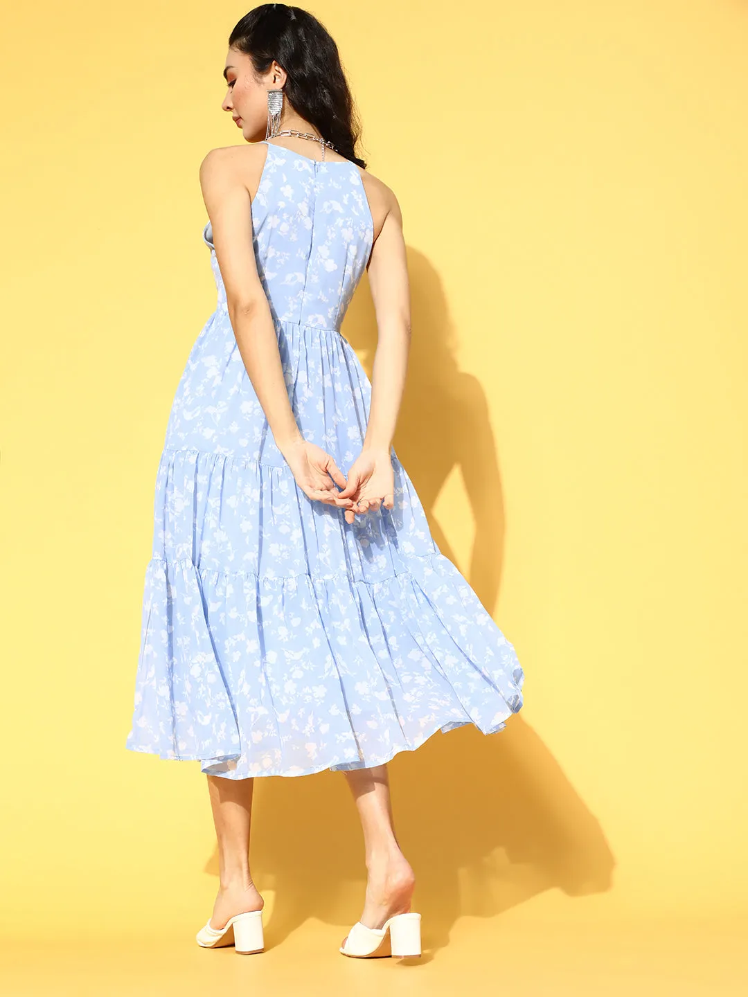plusS Women Stunning Blue Romantic Florals Dress