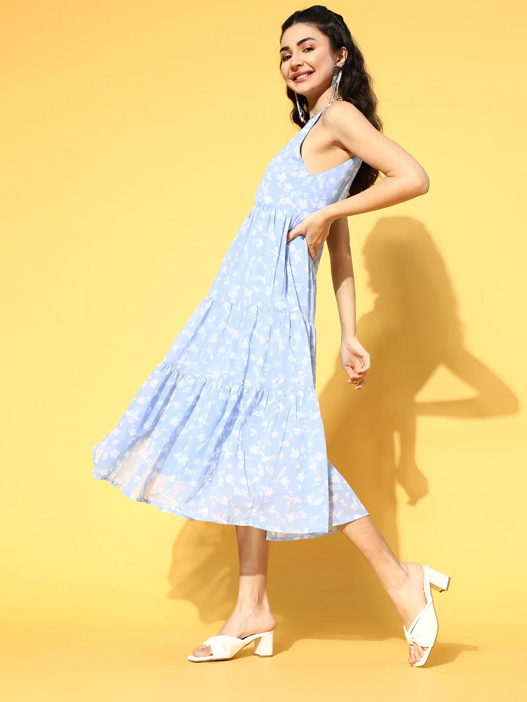 plusS Women Stunning Blue Romantic Florals Dress