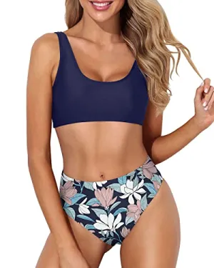 Push Up Bra Swimsuit High Waisted Bathing Suit Bottoms-Blue Flowers