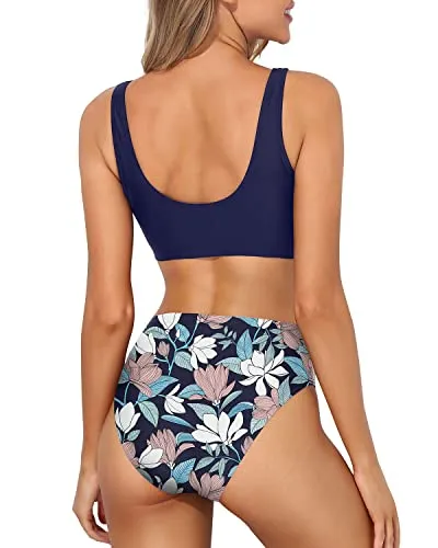 Push Up Bra Swimsuit High Waisted Bathing Suit Bottoms-Blue Flowers