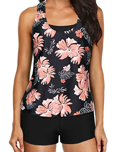 Push Up Padded Tankini Tank Tops Bra And Boyshorts-Black Orange Floral