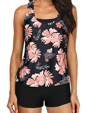 Push Up Padded Tankini Tank Tops Bra And Boyshorts-Black Orange Floral