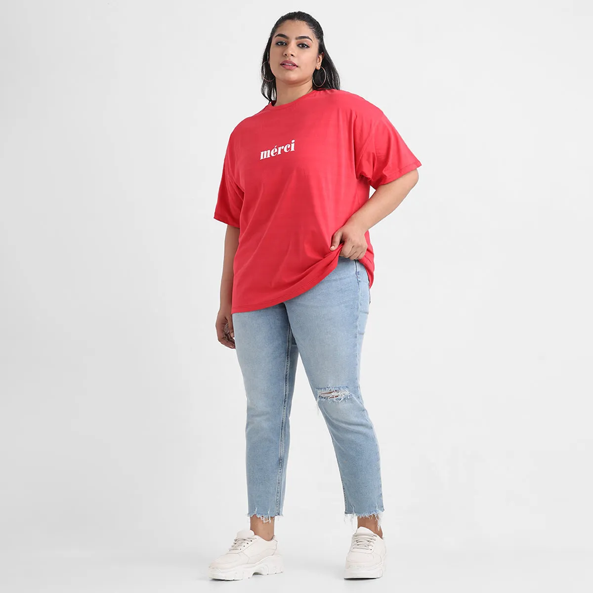 Red chest print plus size cotton tee