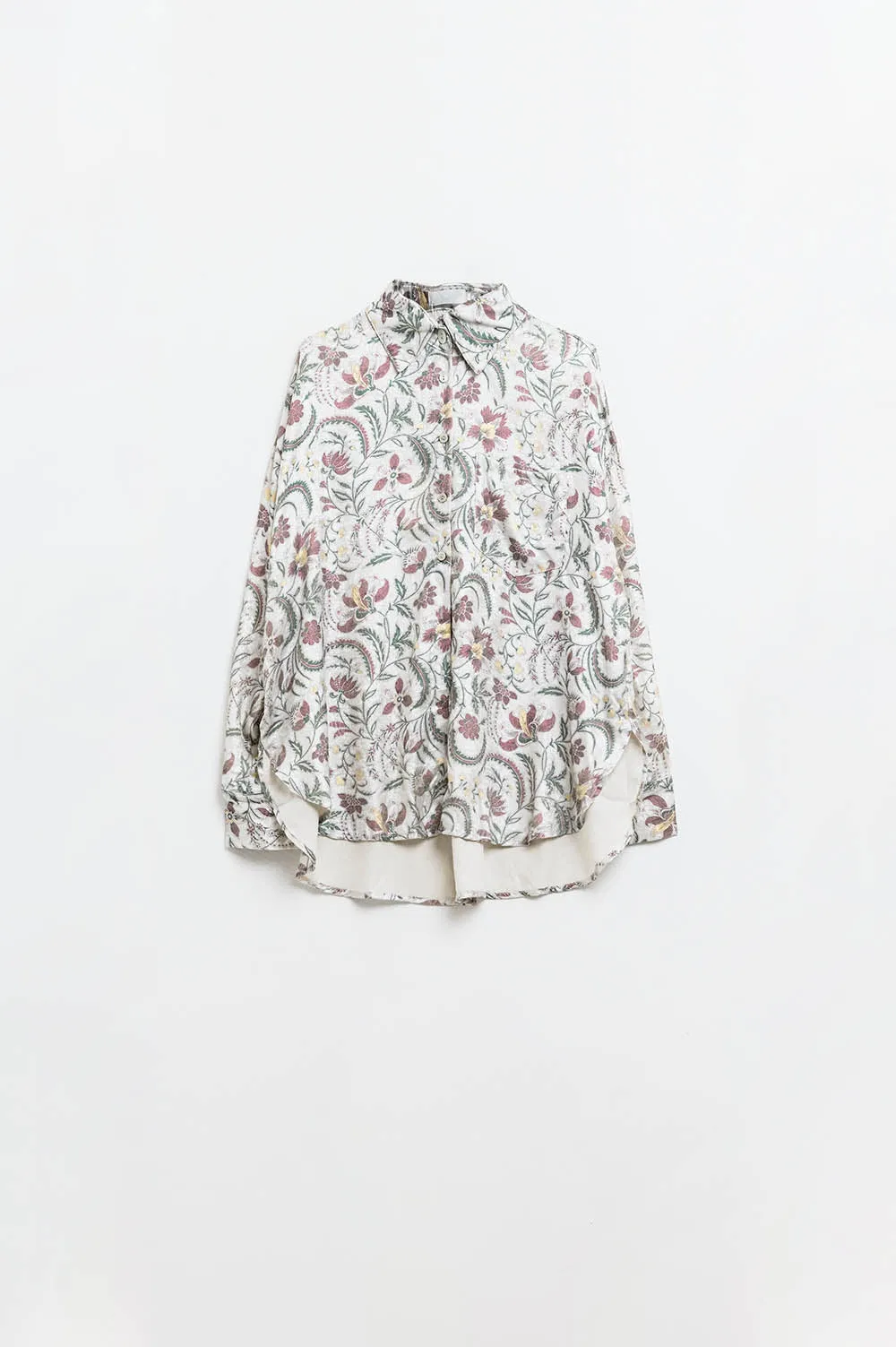 Satin Blouse with Flower Print in Gray