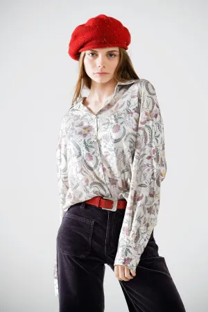 Satin Blouse with Flower Print in Gray
