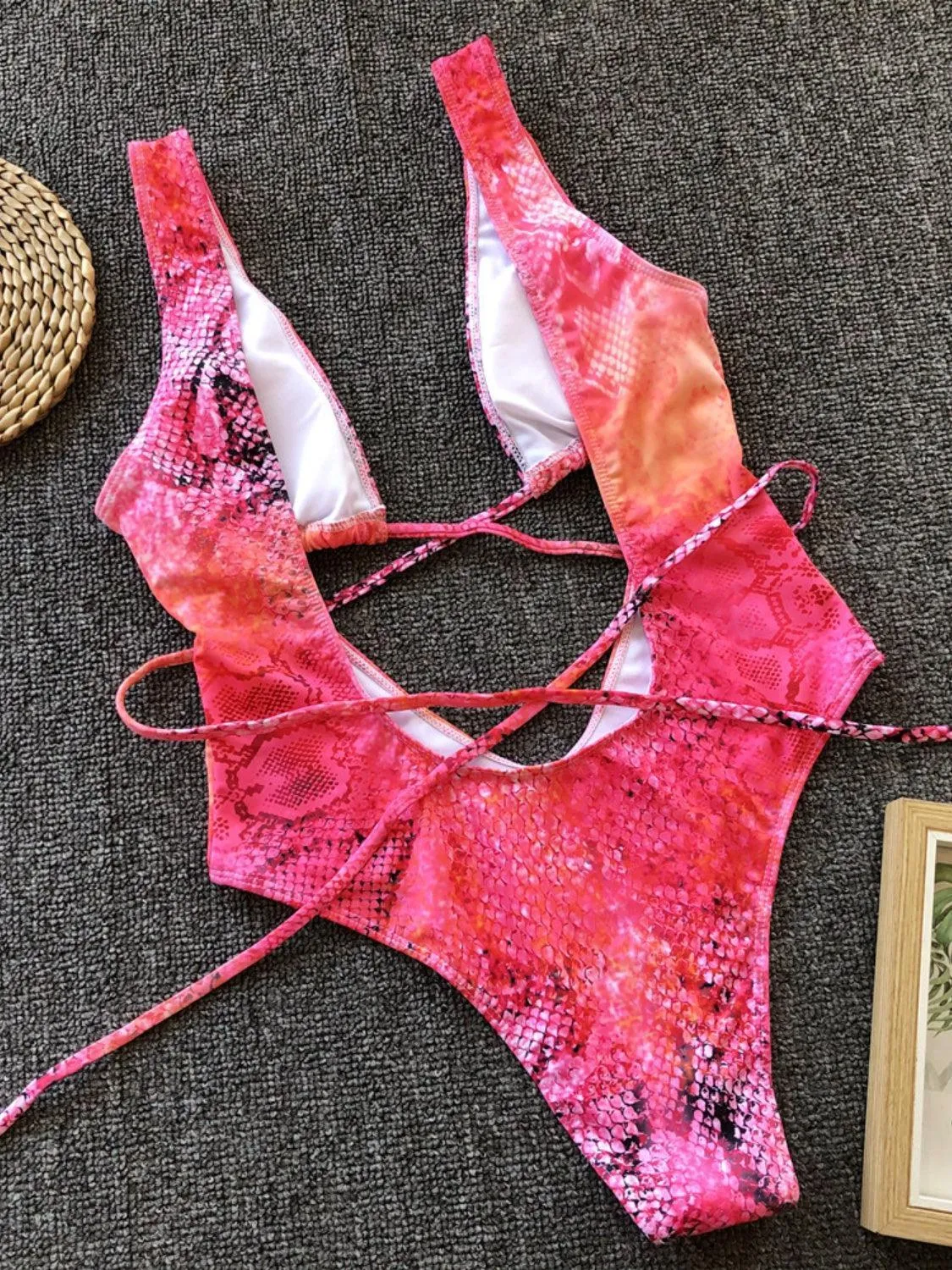 Savage Lace Up Animal Print One Piece Swimsuit