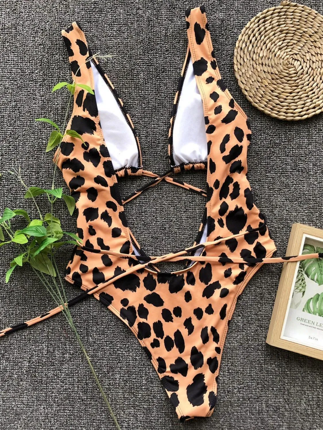 Savage Lace Up Animal Print One Piece Swimsuit