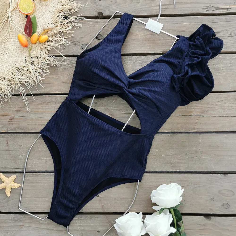 Solid color one shoulder ruffle one-piece swimsuit women's backless triangle white swimsuit