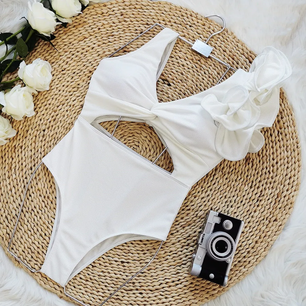 Solid color one shoulder ruffle one-piece swimsuit women's backless triangle white swimsuit