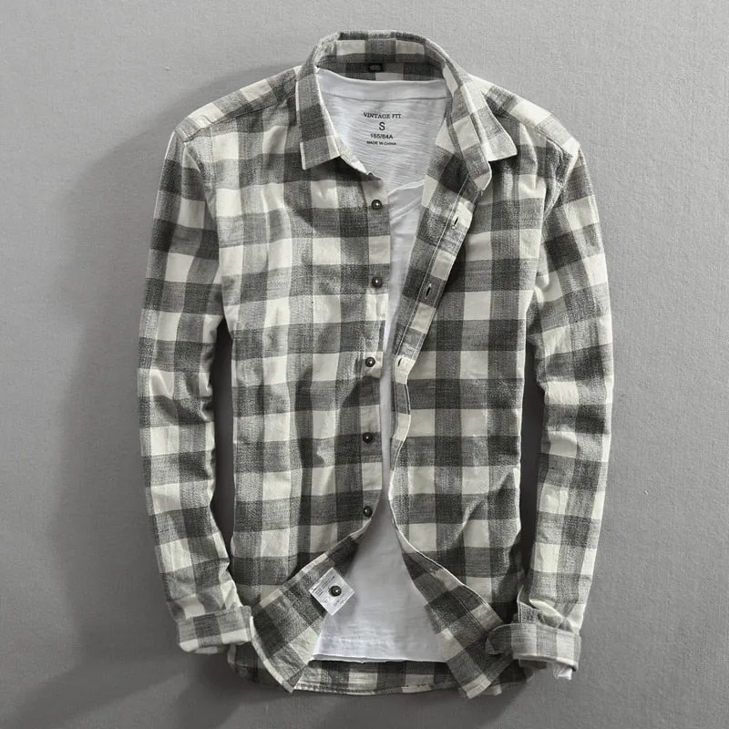 Spring And Autumn Vintage Classic Plaid Cotton Long Sleeve