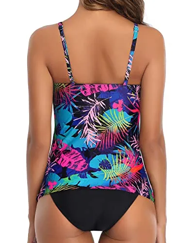 Stylish High Neck Ruched Tankini Swimsuit For Women-Colored Leaves