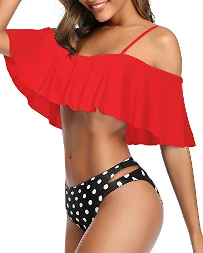 Stylish Ruffle Off Shoulder Bikini Set Adjustable Side Tie Bottoms-Red Dot