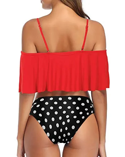 Stylish Ruffle Off Shoulder Bikini Set Adjustable Side Tie Bottoms-Red Dot