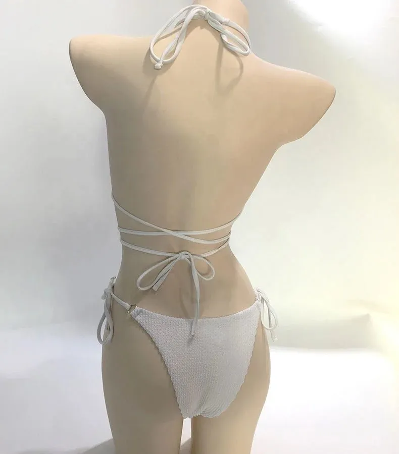 Summer Women Solid Sexy Ladies Split Nylon Swimsuit Beach Wearing Swimwear Two Piece Triangle Thong Ribbed Micro Bikini Set