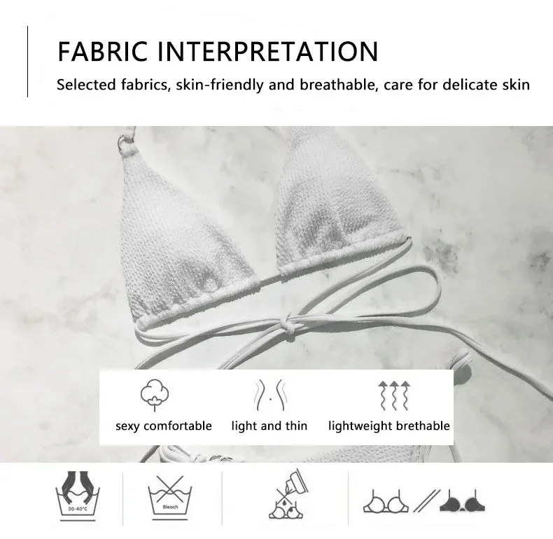Summer Women Solid Sexy Ladies Split Nylon Swimsuit Beach Wearing Swimwear Two Piece Triangle Thong Ribbed Micro Bikini Set